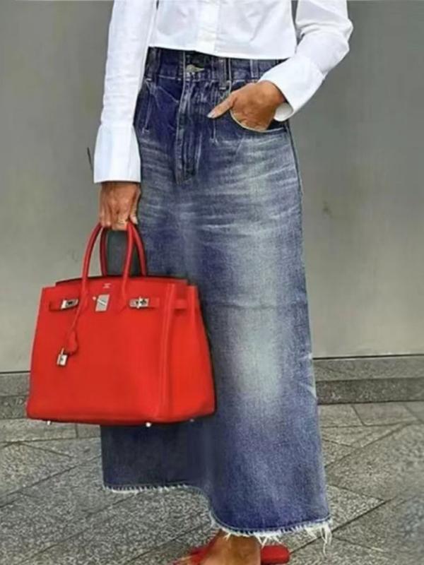 Loose Fringed No Belt Pockets Solid Color Skirts Bottoms Product Image