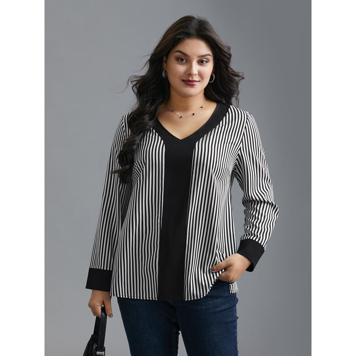 Plus Size Black V Neck Striped Patchwork Blouse Women At the Office Extra Long Sleeve V-neck Work Blouses BloomChic 10/M Product Image