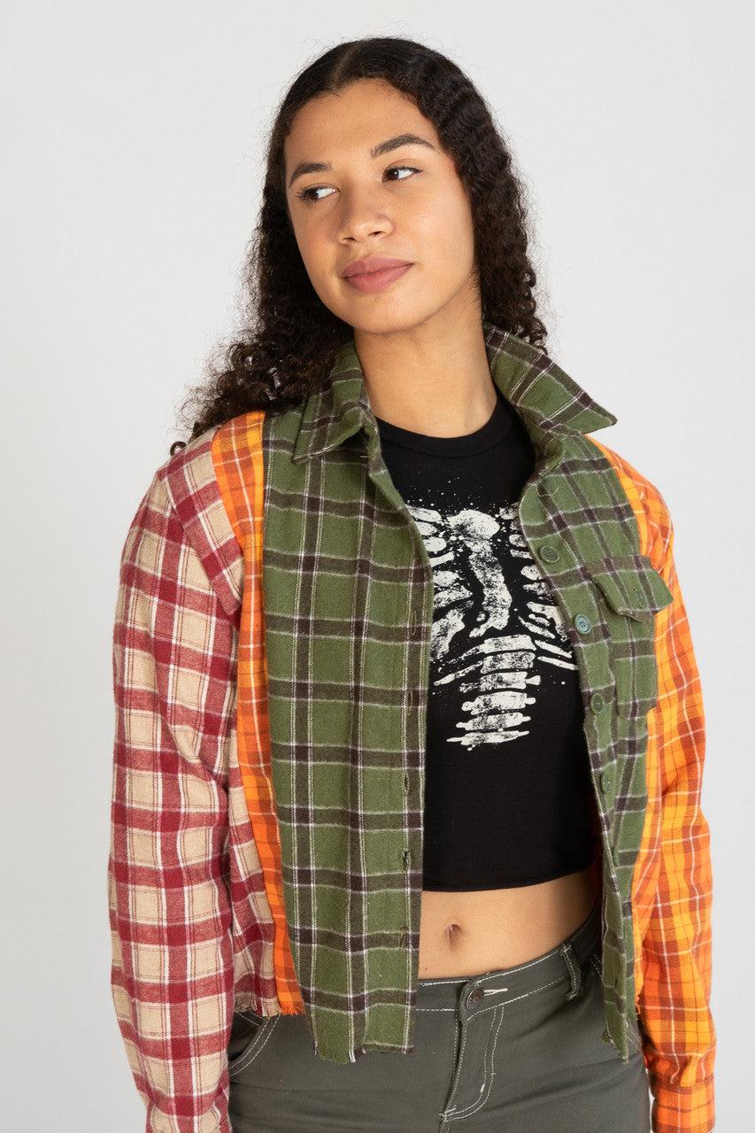 Cropped Patchwork Plaid Flannel Shirt Product Image
