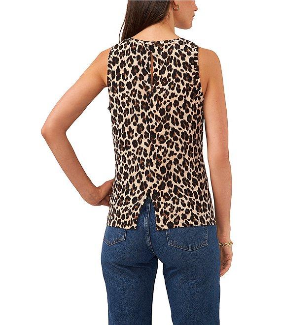 Vince Camuto Leopard Knit Crew Neck Sleeveless Back Keyhole Split Hem Blouse Product Image