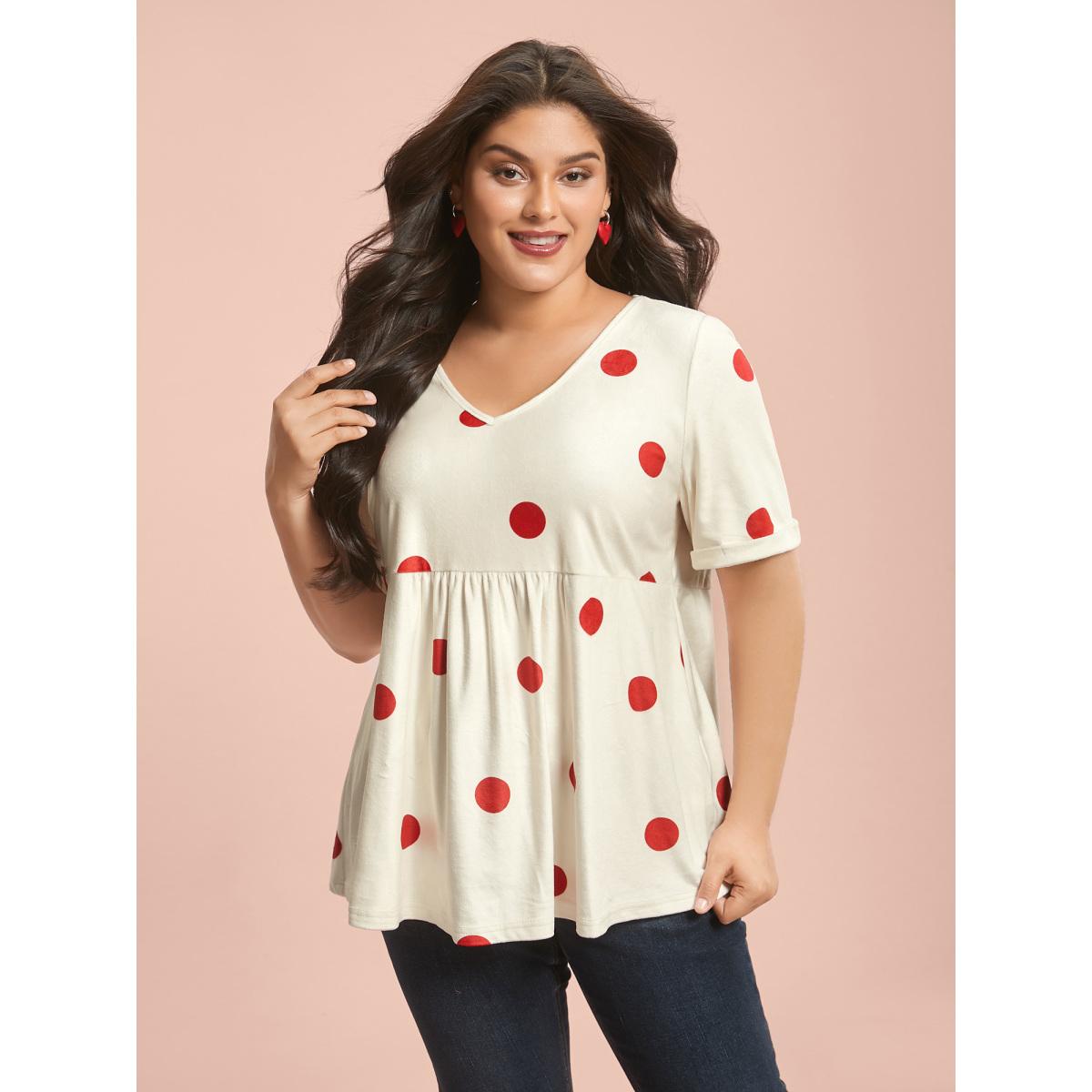 Plus Size Mink Velvet Polka Dots Contrast T-Shirt Beige Women Casual Gathered V-neck Bodycon Everyday T-shirts BloomChic 14-16/1X Product Image