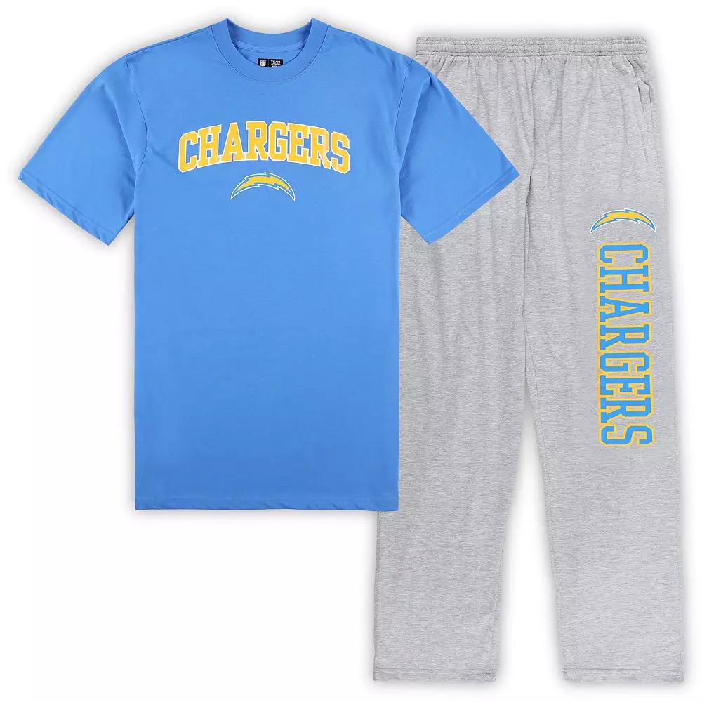 Men's Concepts Sport Powder Blue/Heather Gray Los Angeles Chargers Big & Tall T-Shirt & Pajama Pants Sleep Set,  Product Image