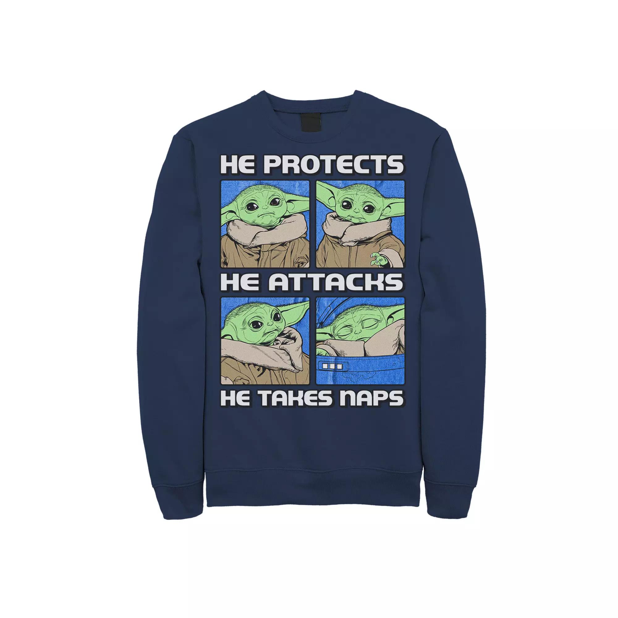 Men's Star Wars: The Mandalorian The Child "He Protects He Attacks He Takes Naps" Box Up Sweatshirt,  Product Image