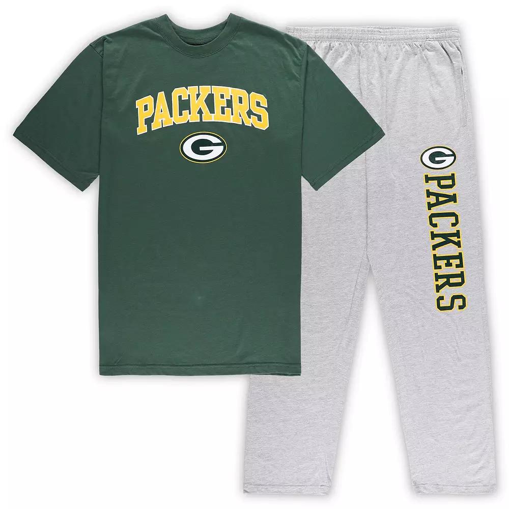 Men's Concepts Sport Green/Heather Gray Green Bay Packers Big & Tall T-Shirt & Pants Sleep Set, Size: 2XB Product Image