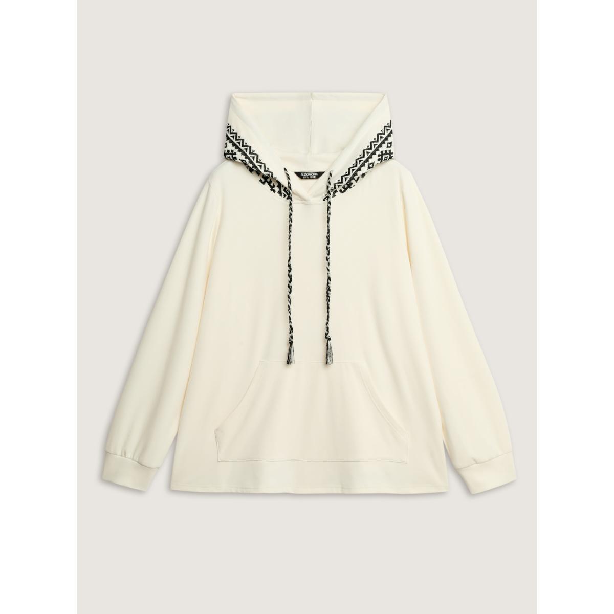 Plus Size Velvety Geometric Embroidery Hoodie Women Ivory Leisure Embroidered Hooded Casual Sweatshirts BloomChic 14-16/1X Product Image