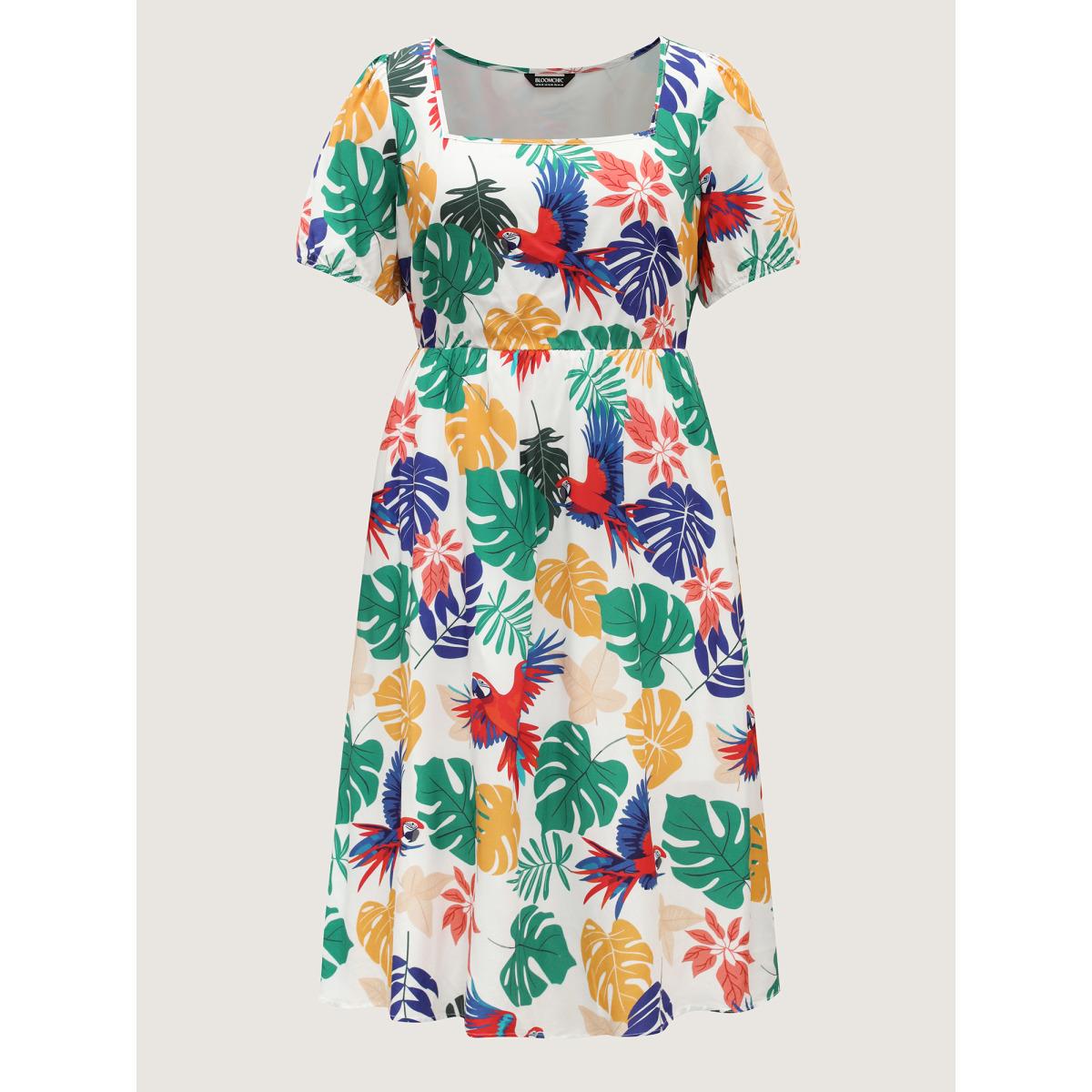 Plus Size Rayon Groovy Tropical Print Midi Dress Multicolor Women Square Neck Short sleeve Curvy BloomChic 28/5X Product Image