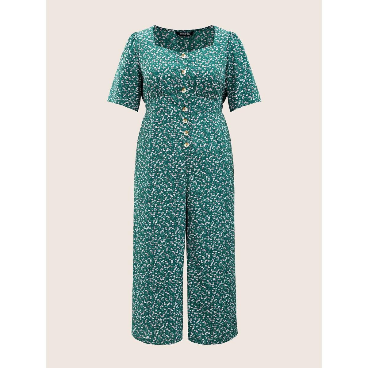 Plus Size DarkGreen Ditsy Floral Button Detail Square Neck Jumpsuit Women Elegant Short sleeve Square Neck Everyday Loose Jumpsuits BloomChic 22-24/3X Product Image