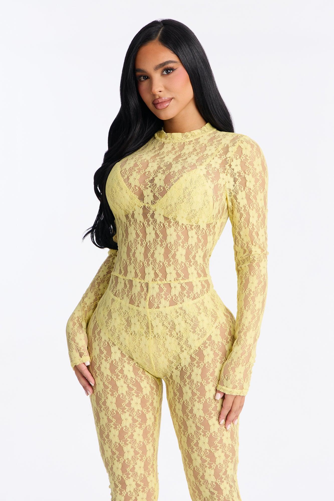 Angelica Lace Stirrup Catsuit 3 Piece Set - Butter Yellow Female Product Image