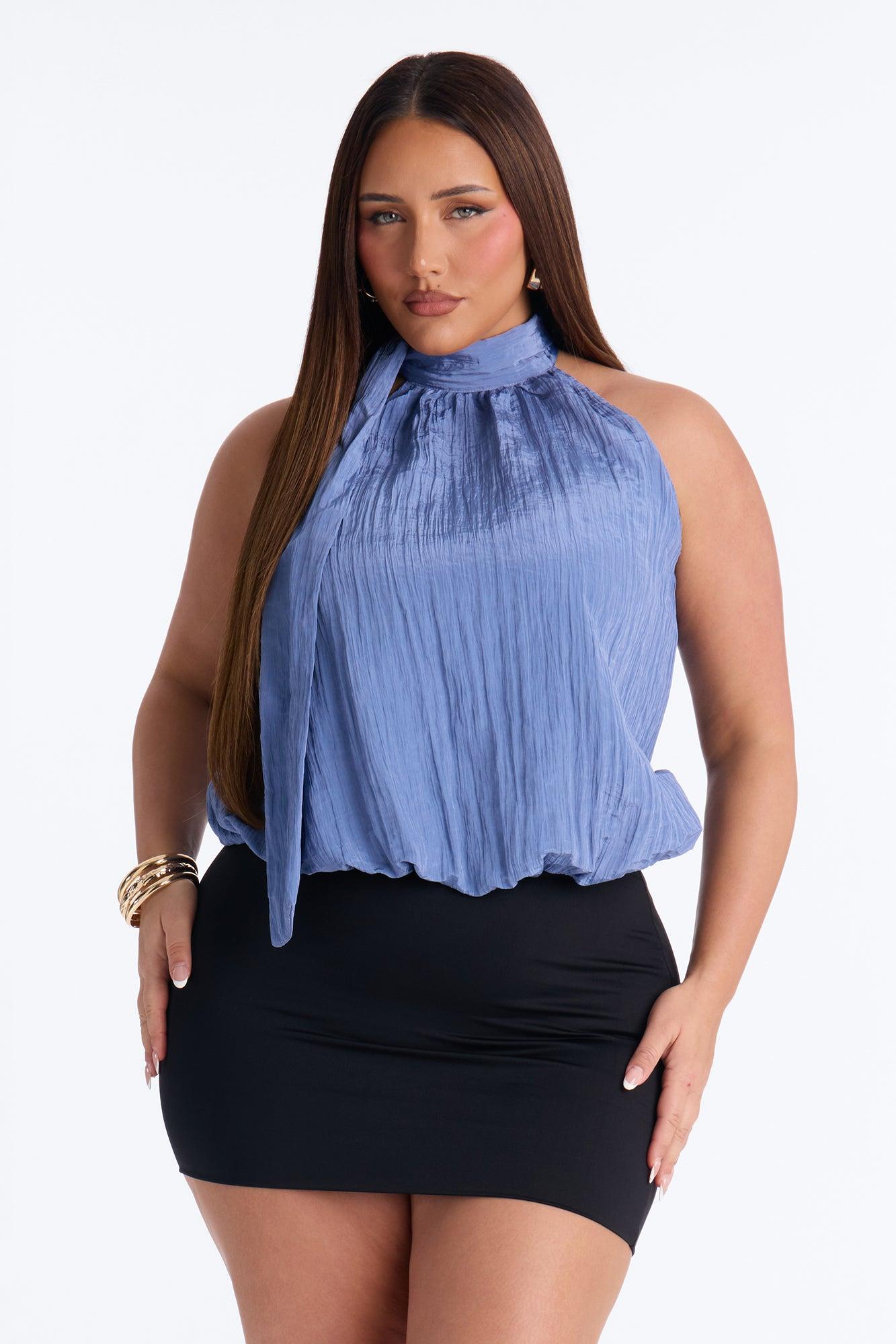 Stay Extra Scarf Plisse Top - Periwinkle Female Product Image