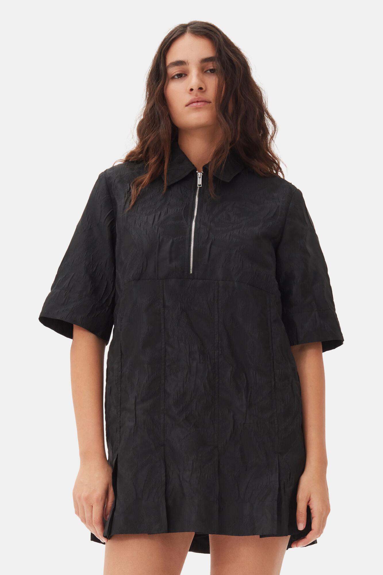 Black Textured Cloque Pleated Mini Dress Product Image