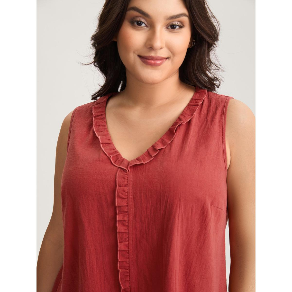 Plus Size Cotton Ruffled Edges V-Neck Tank Top Women Scarlet Leisure Frill Trim V-neck Casual Tank Tops Camis BloomChic 28/5X Product Image