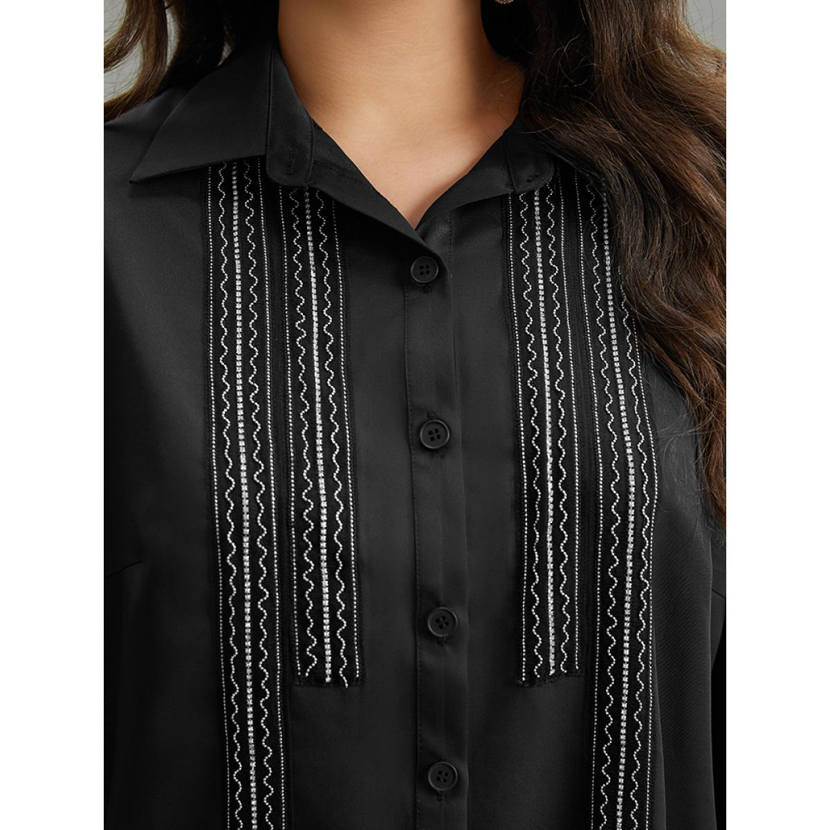 Plus Size Black Twill Rhinestone Contrast Webbing Button Through Blouse Women Glamour Long Sleeve Shirt collar Going out Blouses BloomChic 12/L Product Image