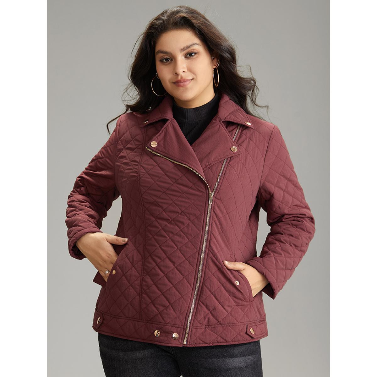 Plus Size Zipper Fly Quilted Button Detail Lapel Collar Jacket Women Burgundy Texture Pocket Dailywear Jackets BloomChic 28/5X Product Image