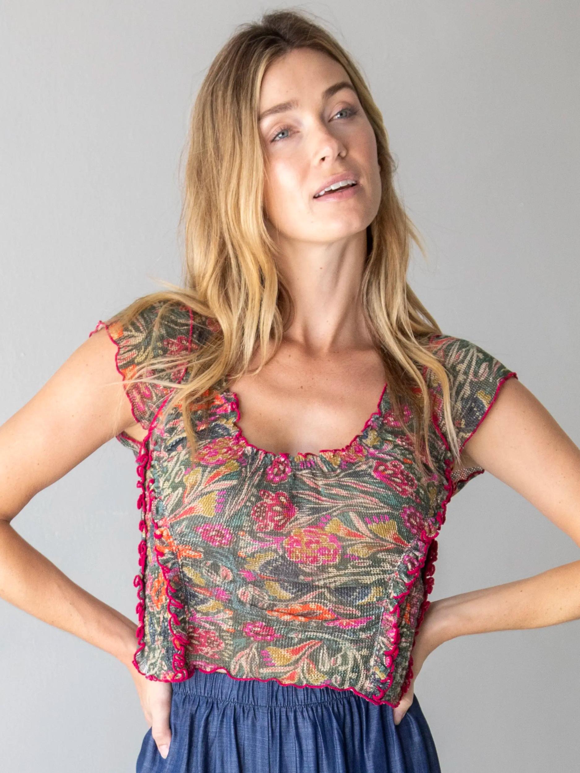 Brianna Cotton Ruffle Trim Top - Green Painterly Vines Product Image