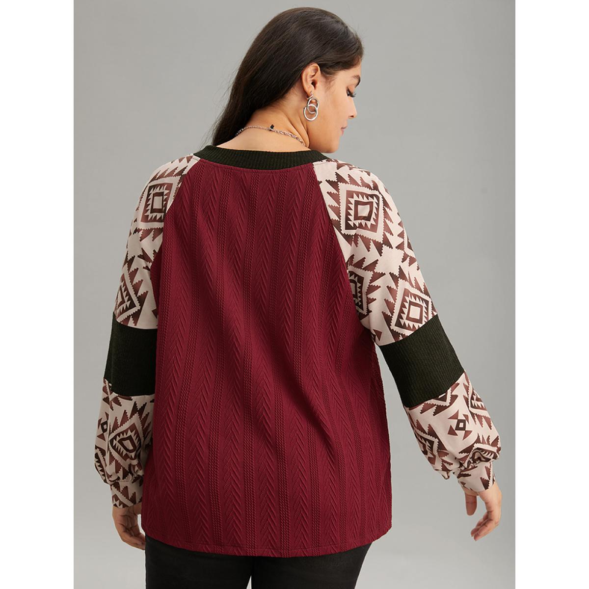 Plus Size Boho Print Contrast Texture Rib Knit Raglan Sleeve Sweatshirt Women Burgundy Casual Rib Knit V-neck Dailywear Sweatshirts BloomChic 10/M Product Image