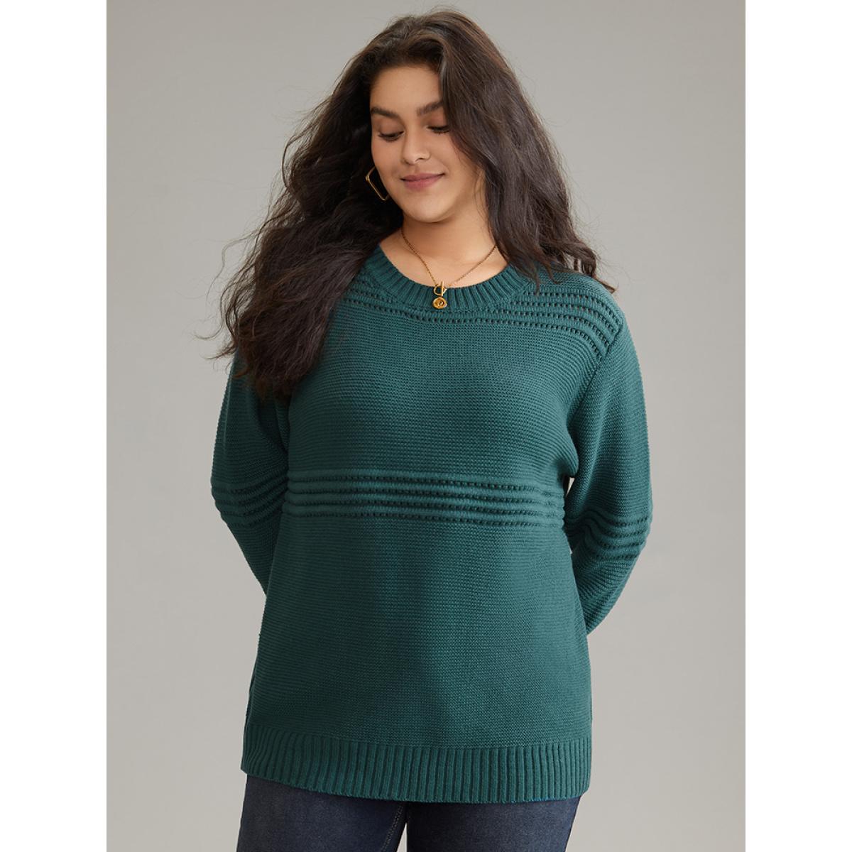 Plus Size Textured Plain Loose Elastic Cuffs Pullover Cyan Women Casual Loose Long Sleeve Round Neck Dailywear Pullovers BloomChic 12/L Product Image