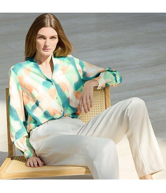 MISOOK Abstract Print Crepe De Chine Mandarin Collar V-Neck Long Sleeve Blouse Product Image