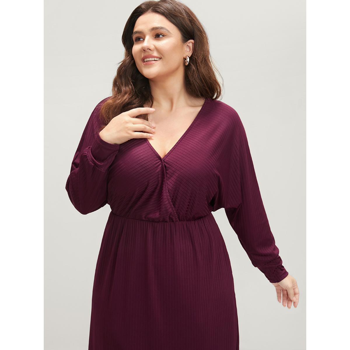 Plus Size Solid Dolman Sleeve Pocket Rib Knit Wrap Dress Burgundy Women Elegant Wrap V-neck Long Sleeve Curvy Midi Dress BloomChic 14-16/1X Product Image