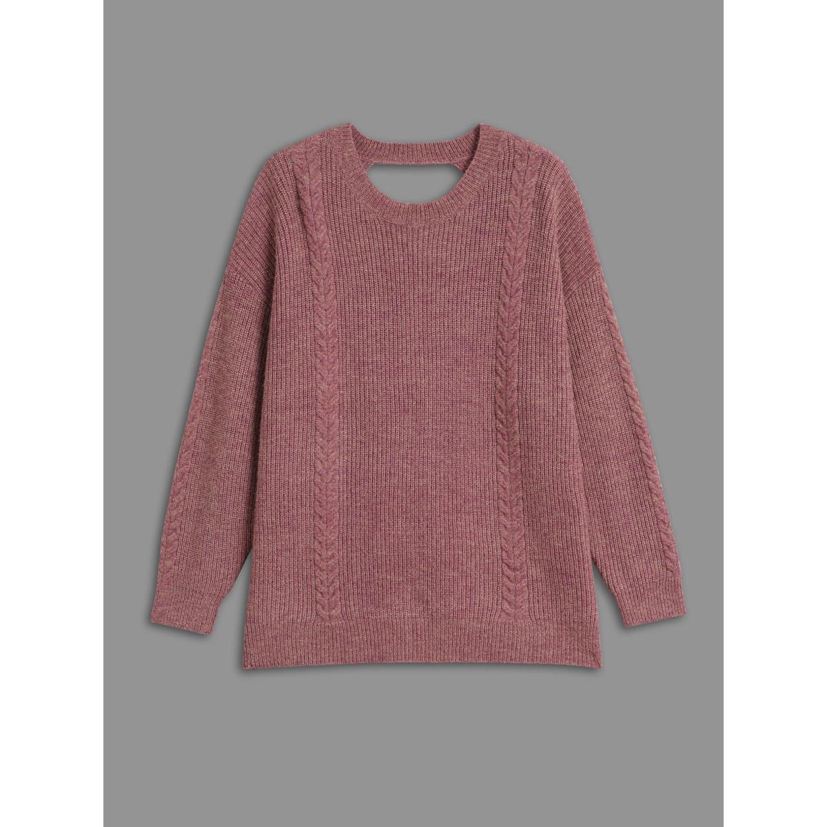 Plus Size Plain Textured Cable Knit Backless Pullover Lilac Women Casual Loose Long Sleeve Round Neck Everyday Pullovers BloomChic 12/L Product Image