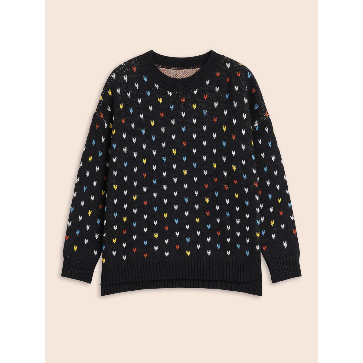Plus Size Polka Dot Texture Split Hem Pullover Black Women Casual Long Sleeve Round Neck Everyday Pullovers BloomChic 14-16/1X Product Image