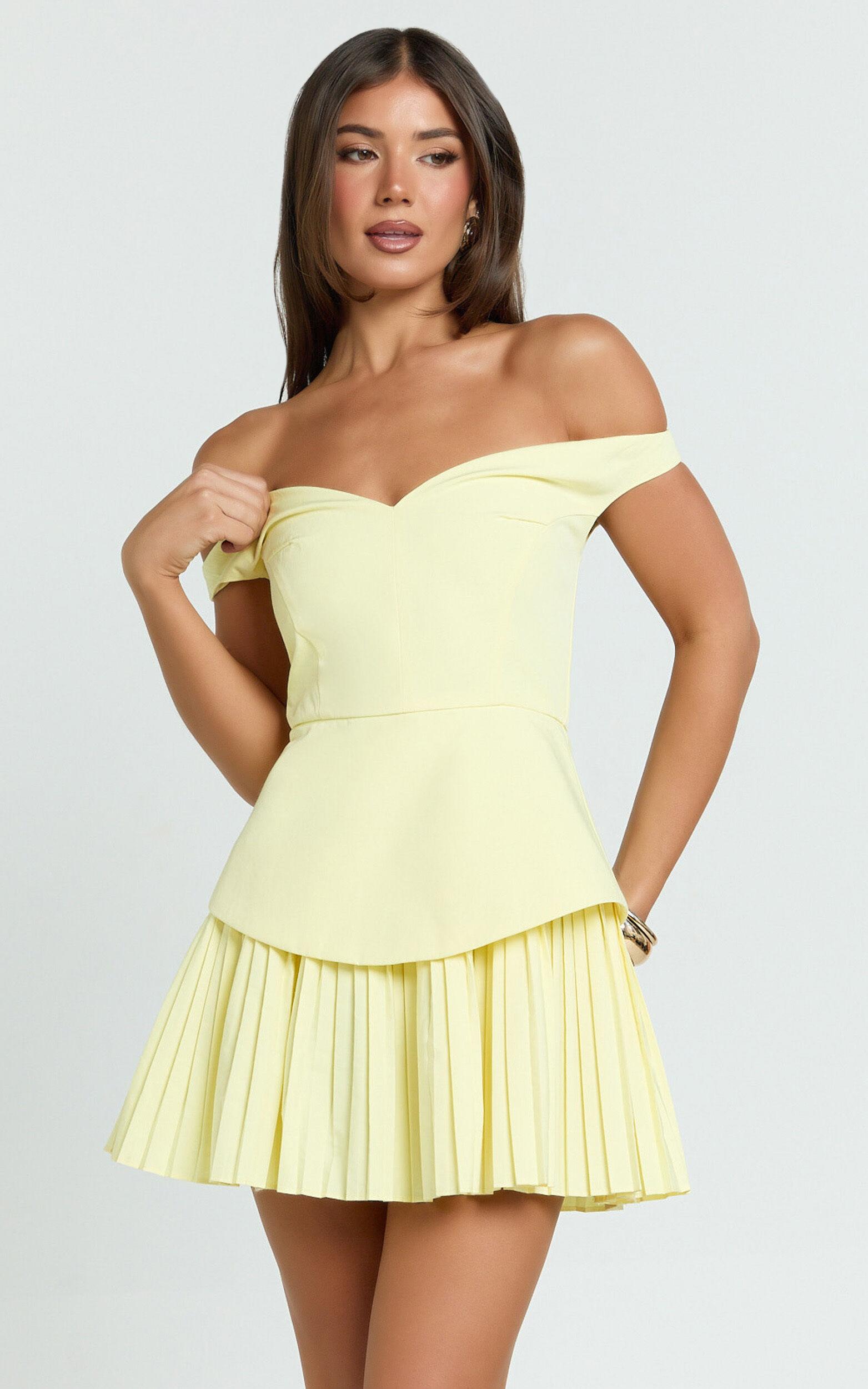 Izara Mini Dress - Off Shoulder Pleated Dress in Lemon Product Image
