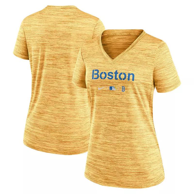 Women's Nike Gold Boston Red Sox MLB City Connect Velocity Space-Dye Performance V-Neck T-Shirt, Size: Small Product Image