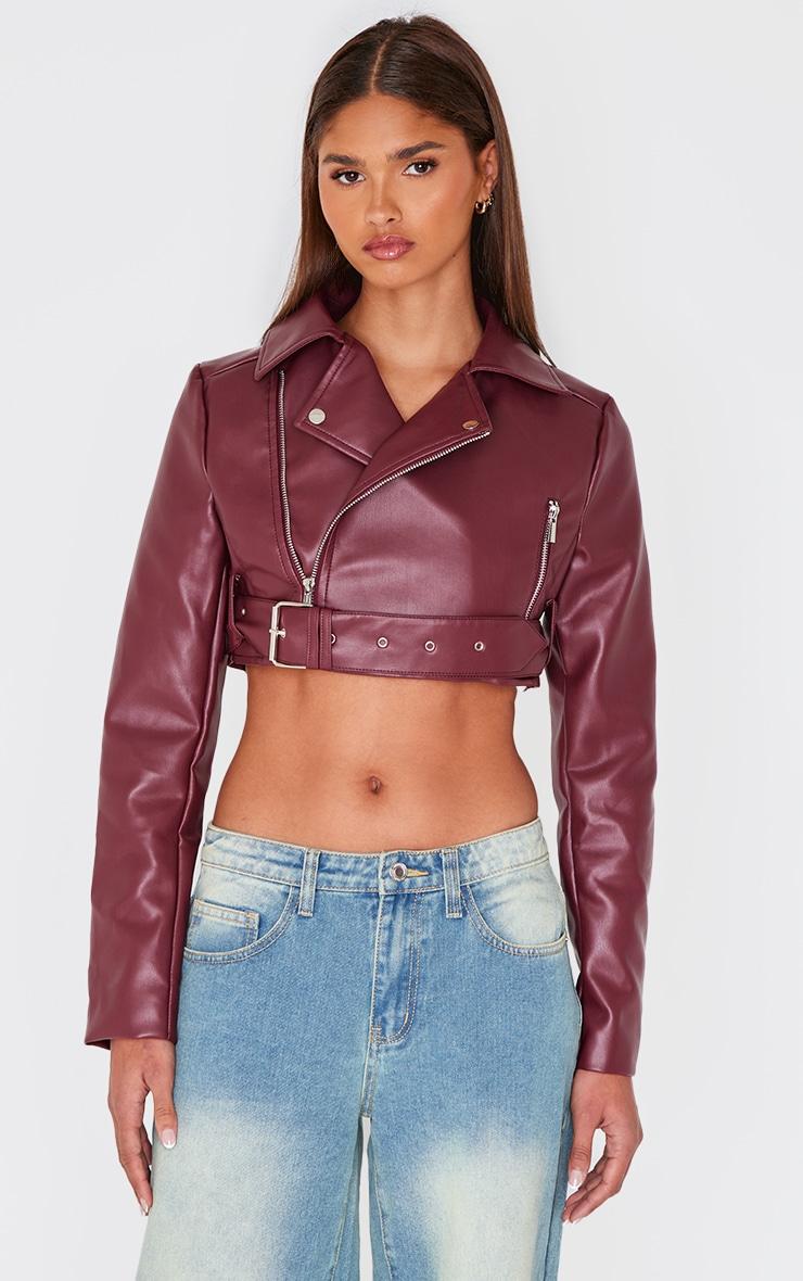 Burgundy Faux Leather Super Cropped Biker Jacket Product Image