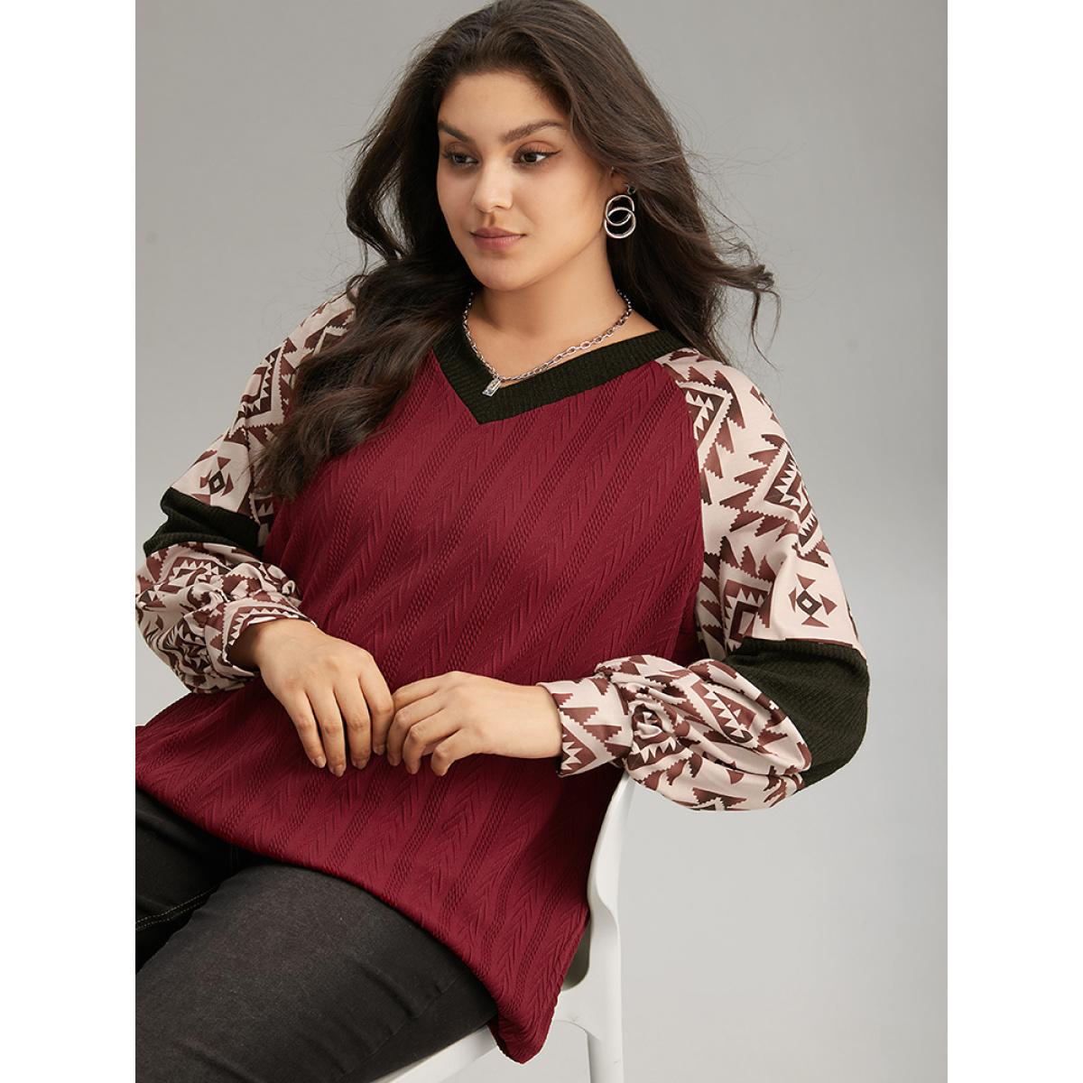 Plus Size Boho Print Contrast Texture Rib Knit Raglan Sleeve Sweatshirt Women Burgundy Casual Rib Knit V-neck Dailywear Sweatshirts BloomChic 10/M Product Image