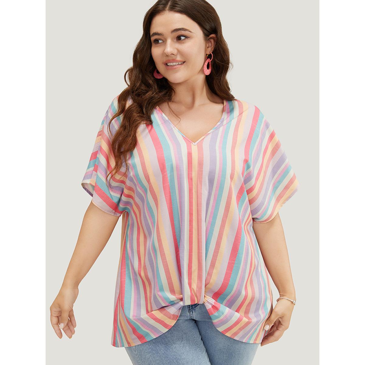 Plus Size Multicolor Rainbow Striped Batwing Sleeve Contrast Asymmetrical Hem Blouse Women Vacation Short sleeve V-neck Dailywear Blouses BloomChic 26/4X Product Image