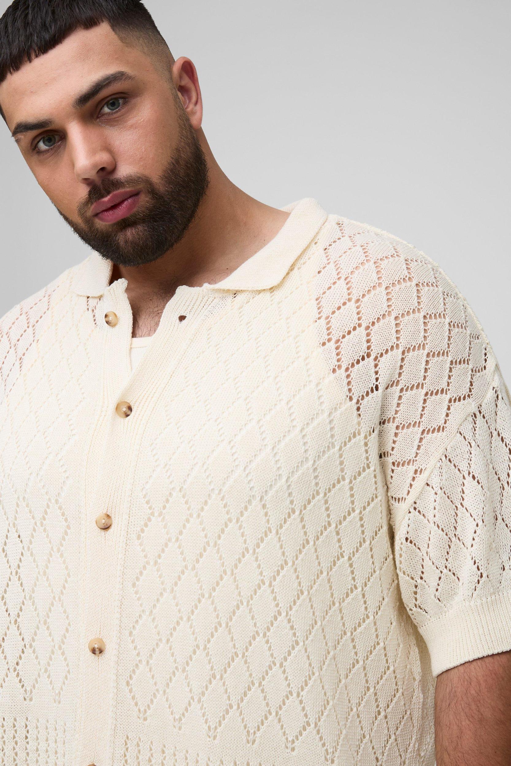 Plus Open Stitch Crochet Relaxed Polo Shirt | boohooMAN USA Product Image
