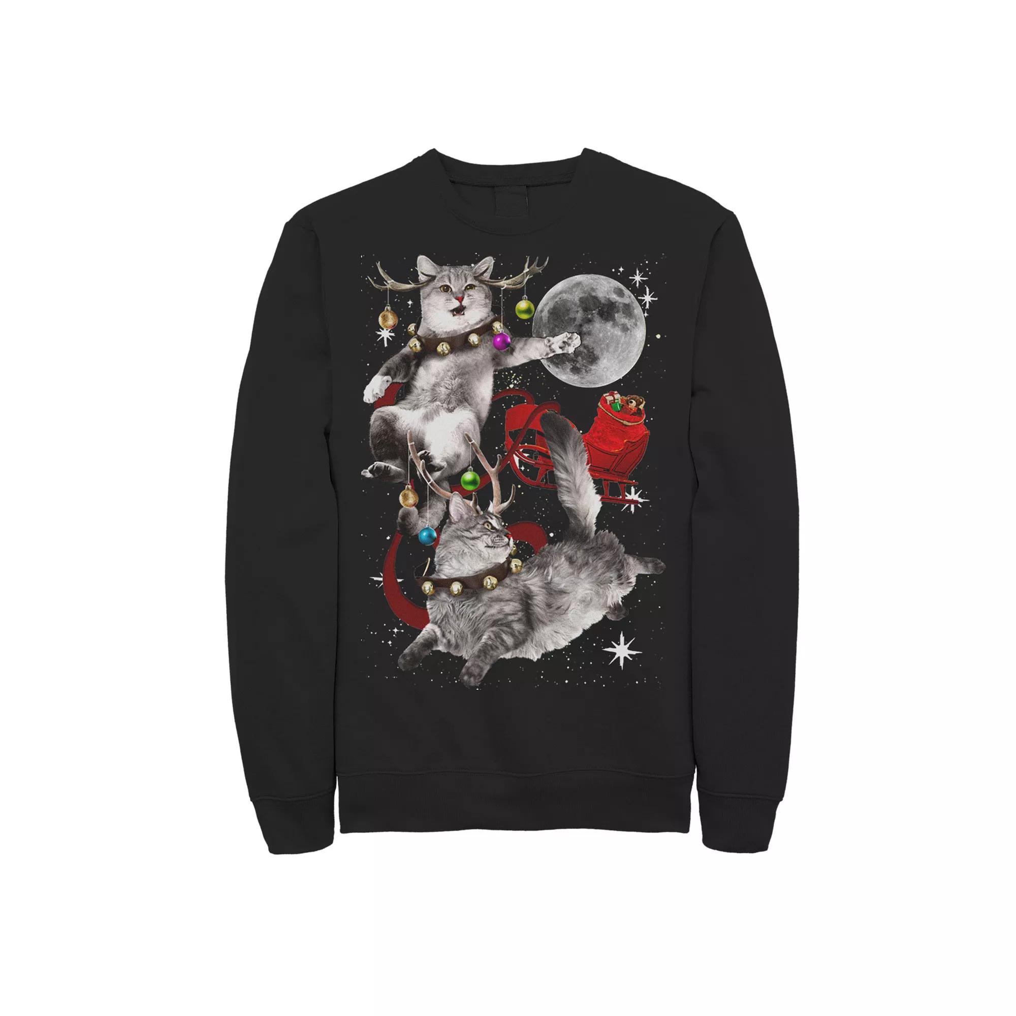 Men's Cat Reindeer Santa Sled Space Fleece, Size: Large, Black Product Image