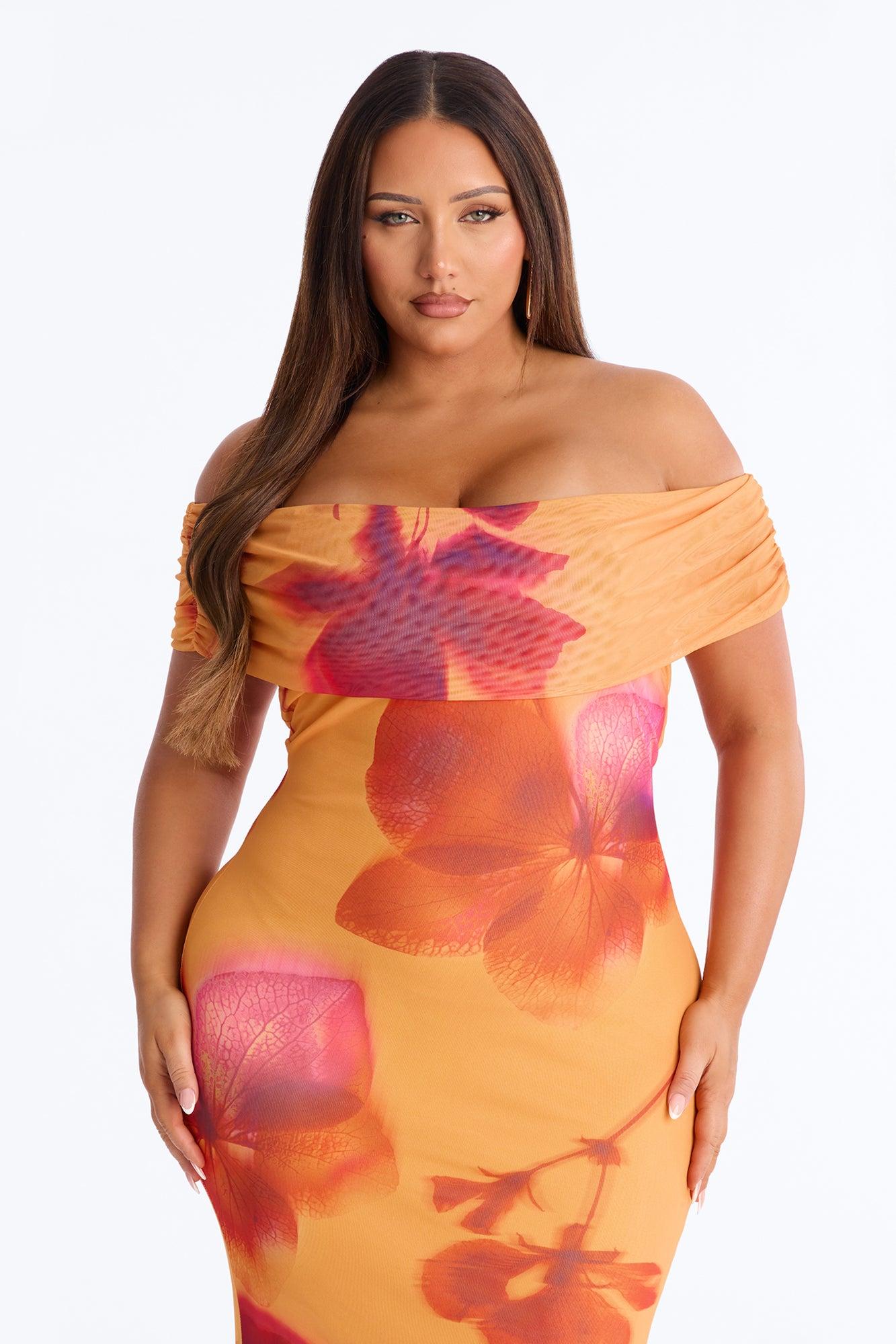 Emilee Off Shoulder Mesh Maxi Dress - Orange/combo Female Product Image