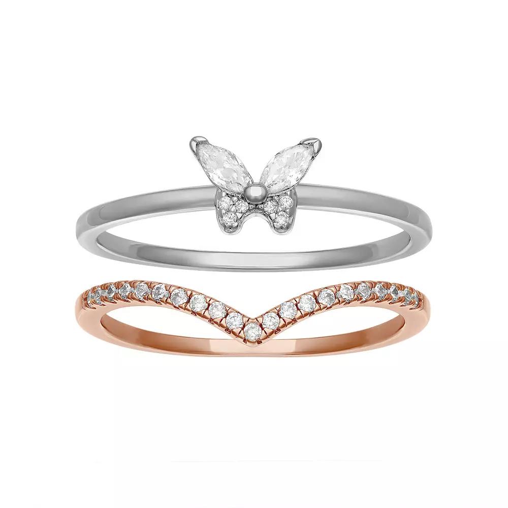 PRIMROSE Two Tone Sterling Silver Cubic Zirconia Butterfly & V-Shape Duo Ring Set, Women's, Size: 7, Two Tone Pink Clear Product Image