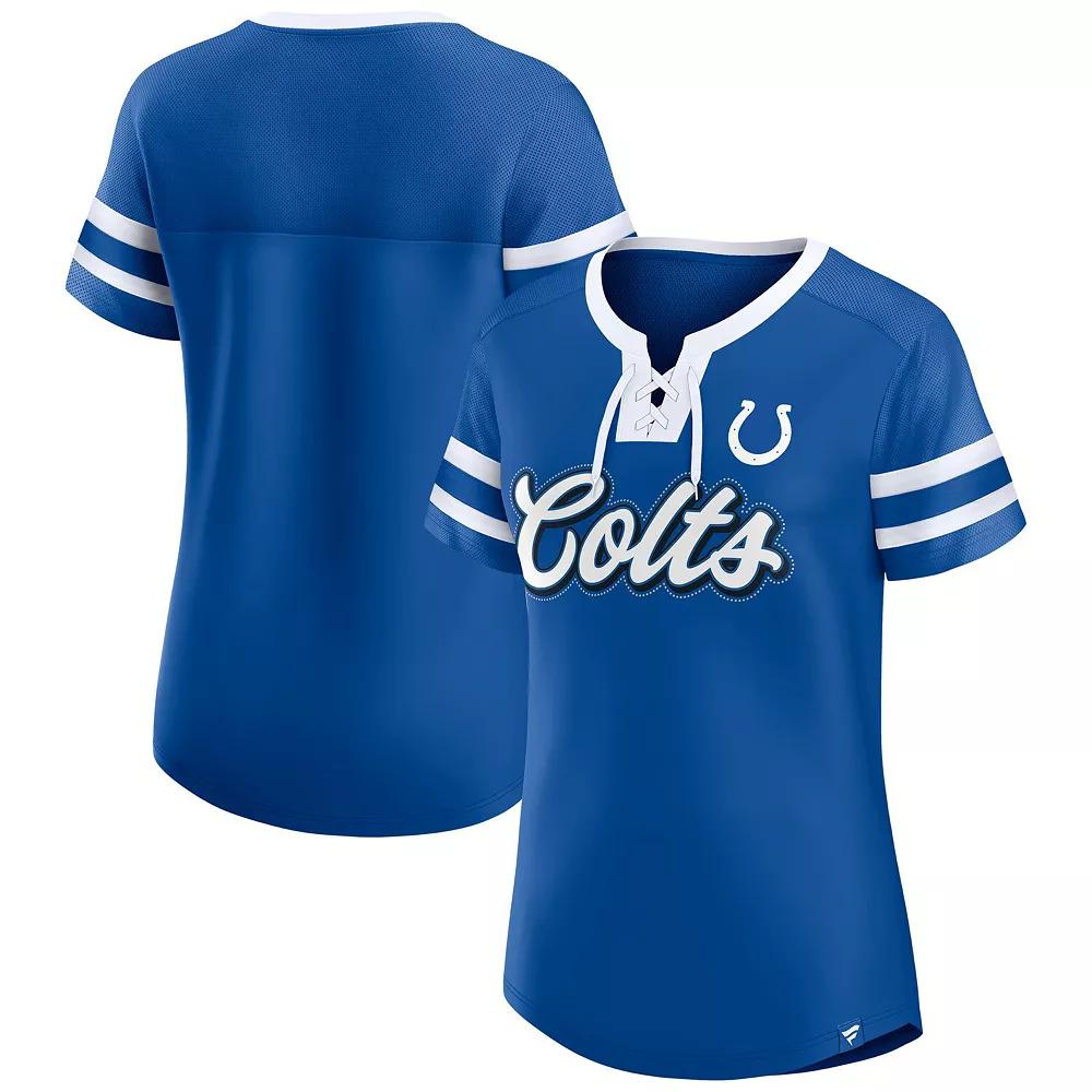 Women's Fanatics  Royal Indianapolis Colts True Catch Iconic Rhinestone Bling Athena Lace-Up T-Shirt, Size: XL, Blue Product Image