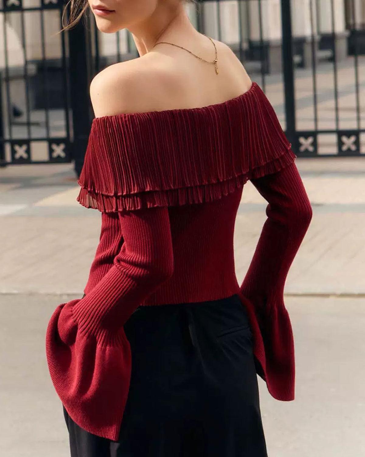 Red Off The Shoulder Bell Sleeve Sweater Product Image