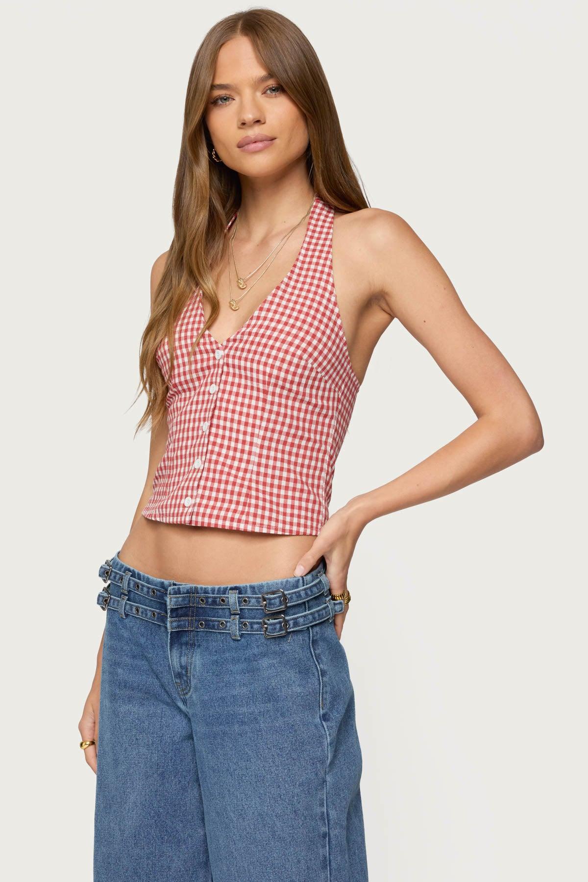 Evan Gingham Button Up Halter Top Product Image