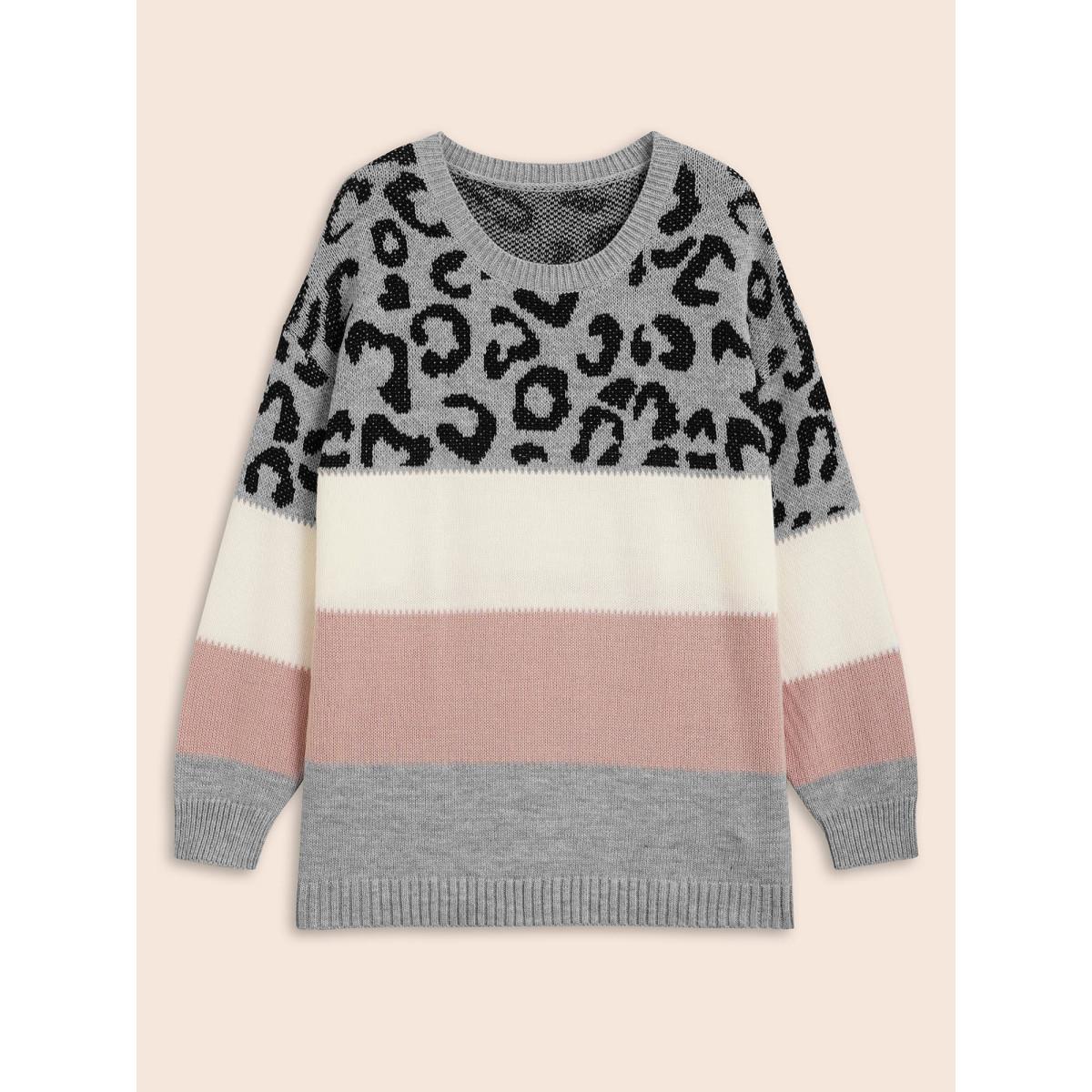 Plus Size Leopard Print Contrast Patchwork Pullover Mediumgray Women Casual Loose Long Sleeve Round Neck Everyday Pullovers BloomChic 22-24/3X Product Image