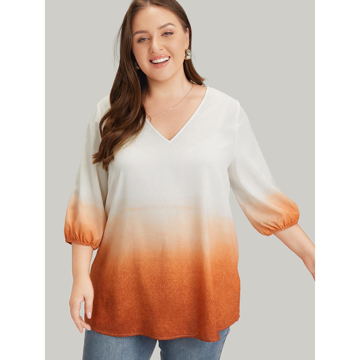 Plus Size Orange Ombre Printed Lantern Sleeve Blouse Women Vacation Elbow-length sleeve V-neck Dailywear Blouses BloomChic 10/M Product Image