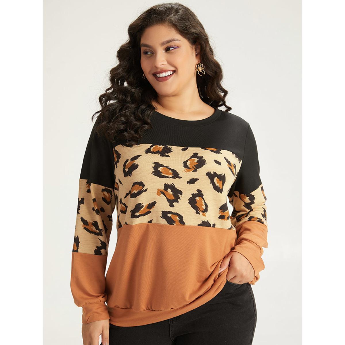 Plus Size Halloween Leopard Patchwork Contrast Sweatshirt Women Multicolor Casual Contrast Round Neck Festival-Halloween Sweatshirts BloomChic 12/L Product Image