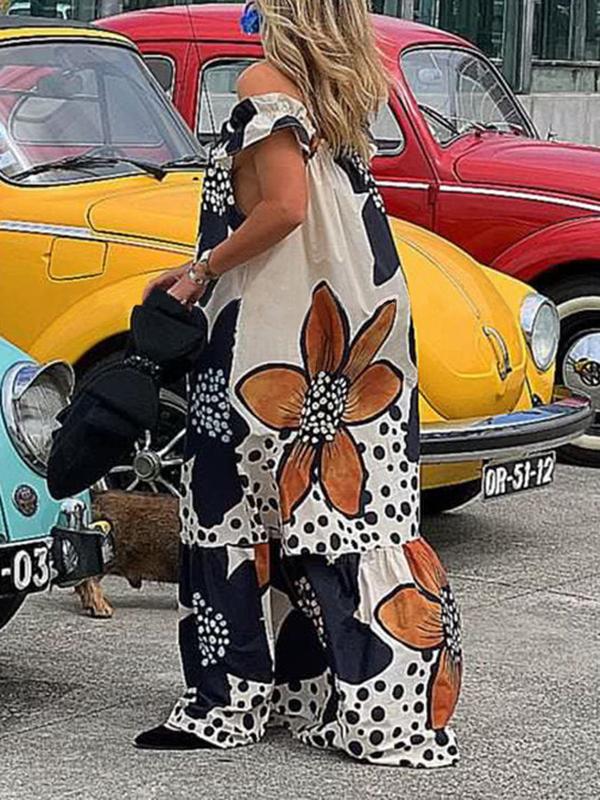 Loose Short Sleeves Flower Print Split-Joint Off-The-Shoulder Maxi Dresses Product Image