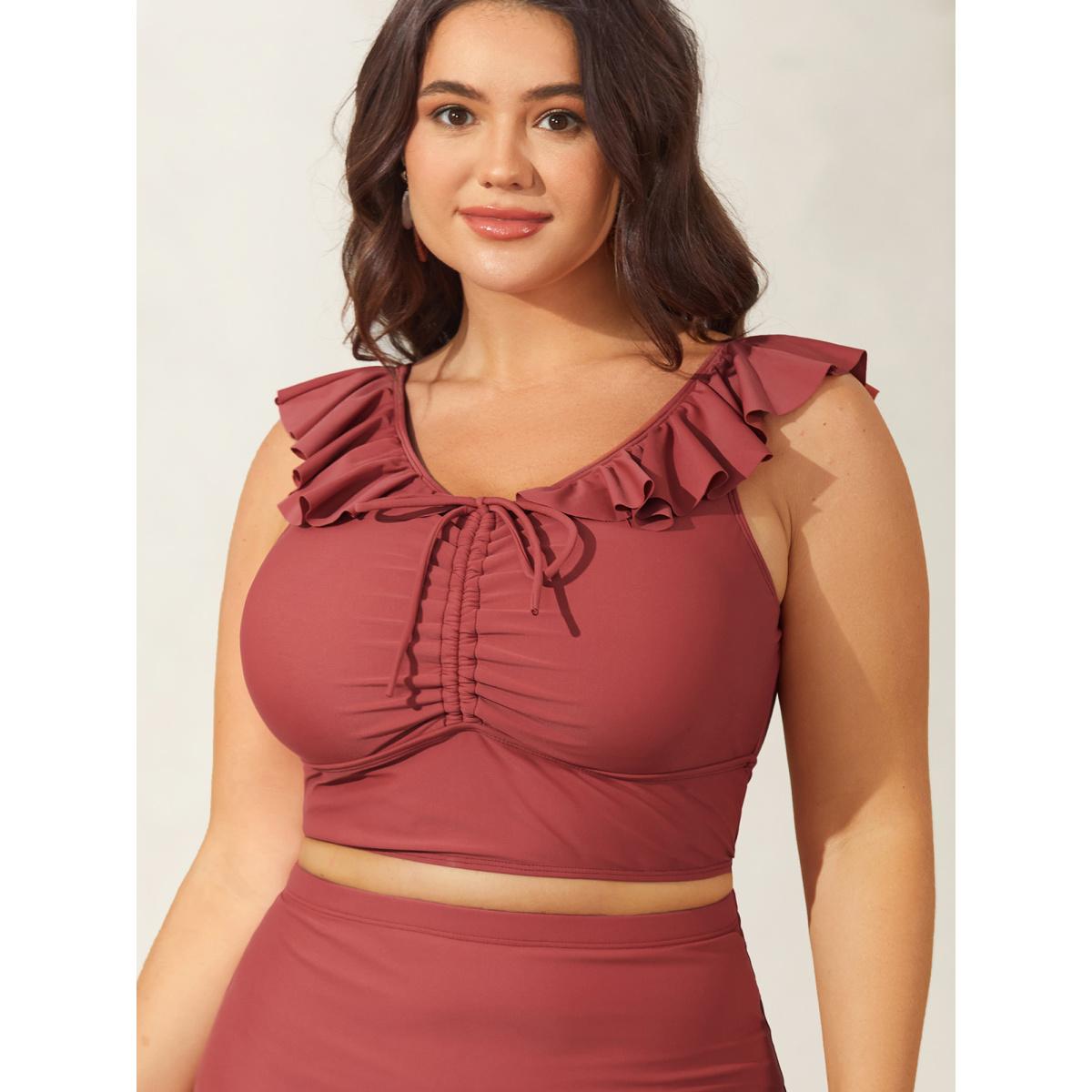 Plus Size Ruffled Drawstring Bodice Swim Top Women's Swimwear Rust Beach Drawstring High stretch Skinny V-neck Curve Swim Tops BloomChic 18-20/2X Product Image