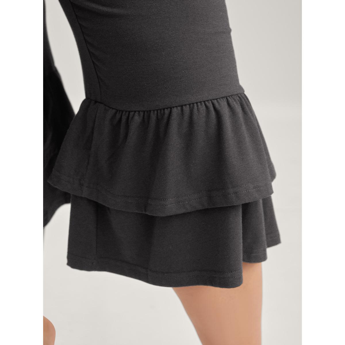 Plus Size Layered Ruffled Flare Hem Pants Women Black Romantic Bodycon Mid Rise Elegant Pants BloomChic 28/5X Product Image