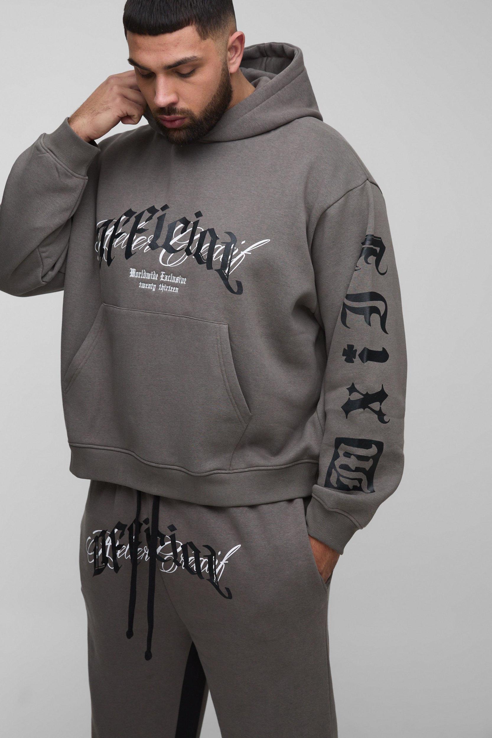 Plus Oversized Official Embroidery Hooded Relaxed Flare Tracksuit | boohooMAN USA Product Image