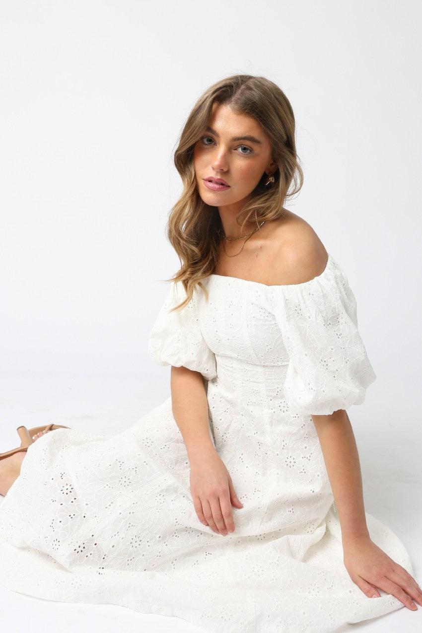 Gracie Eyelet Puff Sleeve Midi Dress | White Product Image