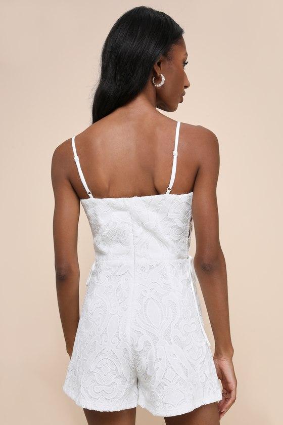 Exceedingly Poised White Lace Sleeveless Lace-Up Romper Product Image