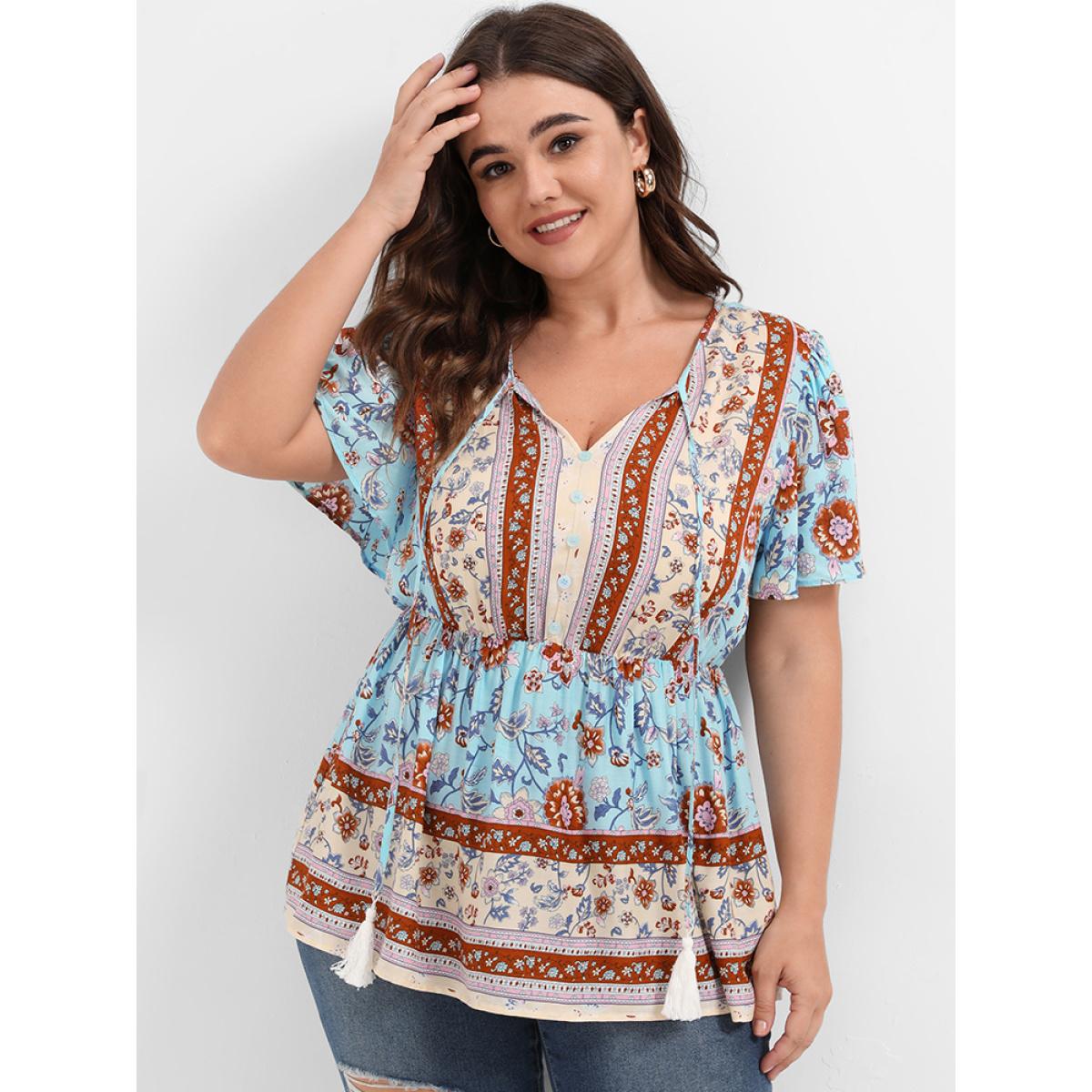 Plus Size LightBlue Floral Ruffled Ties V Neck Blouse Women Vacation Short sleeve V-neck Dailywear Blouses BloomChic 12/L Product Image