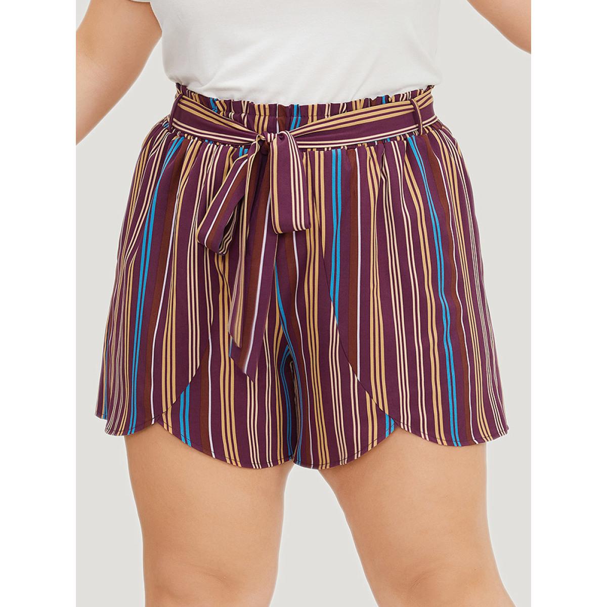 Plus Size Colour Striped Print Belted Wrap Hem Shorts Women Multicolor Vacation Cross straps Dailywear Shorts BloomChic 22-24/3X Product Image