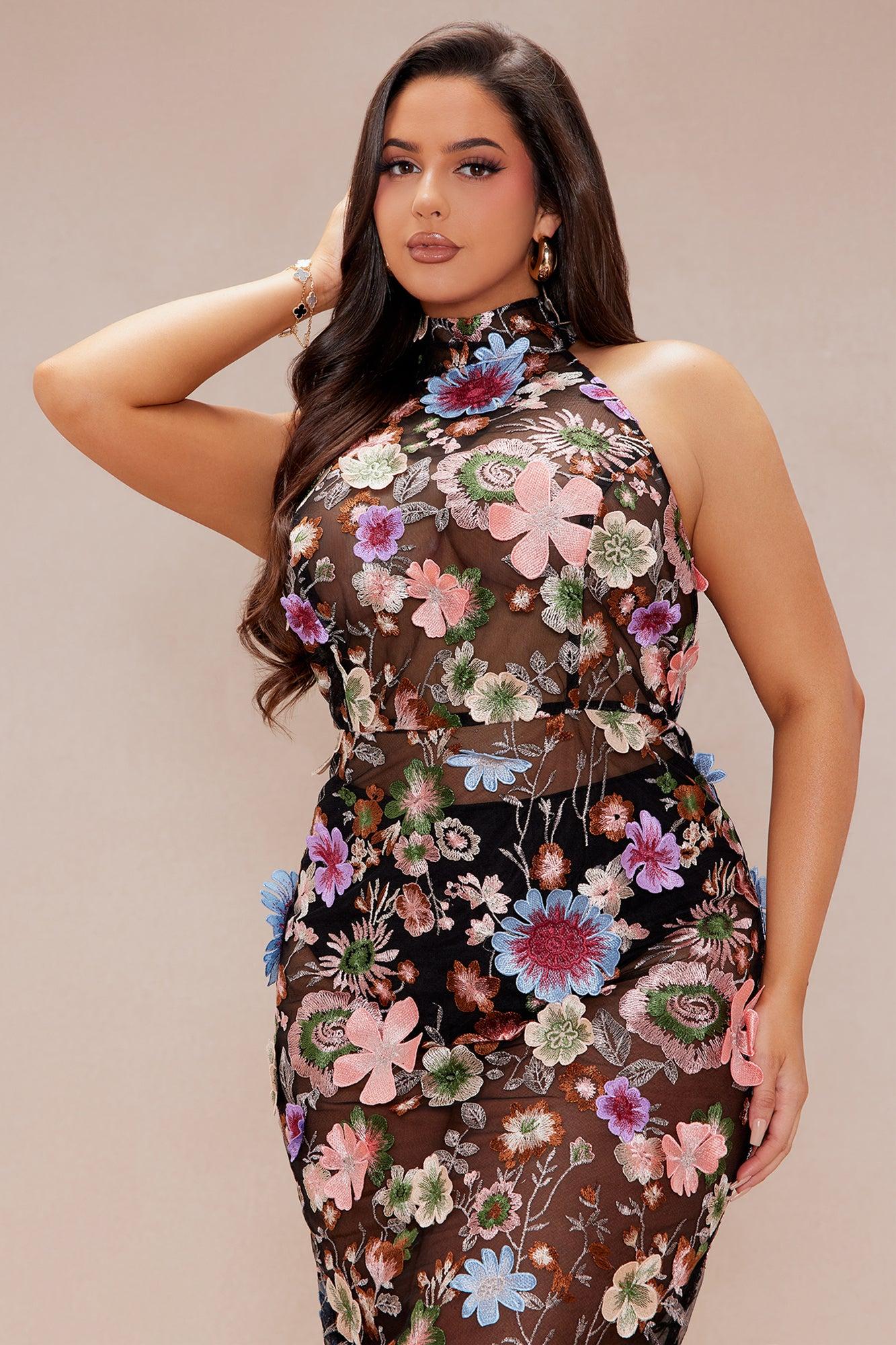 Emory Embroidered Floral Midi Dress - Black/combo Product Image
