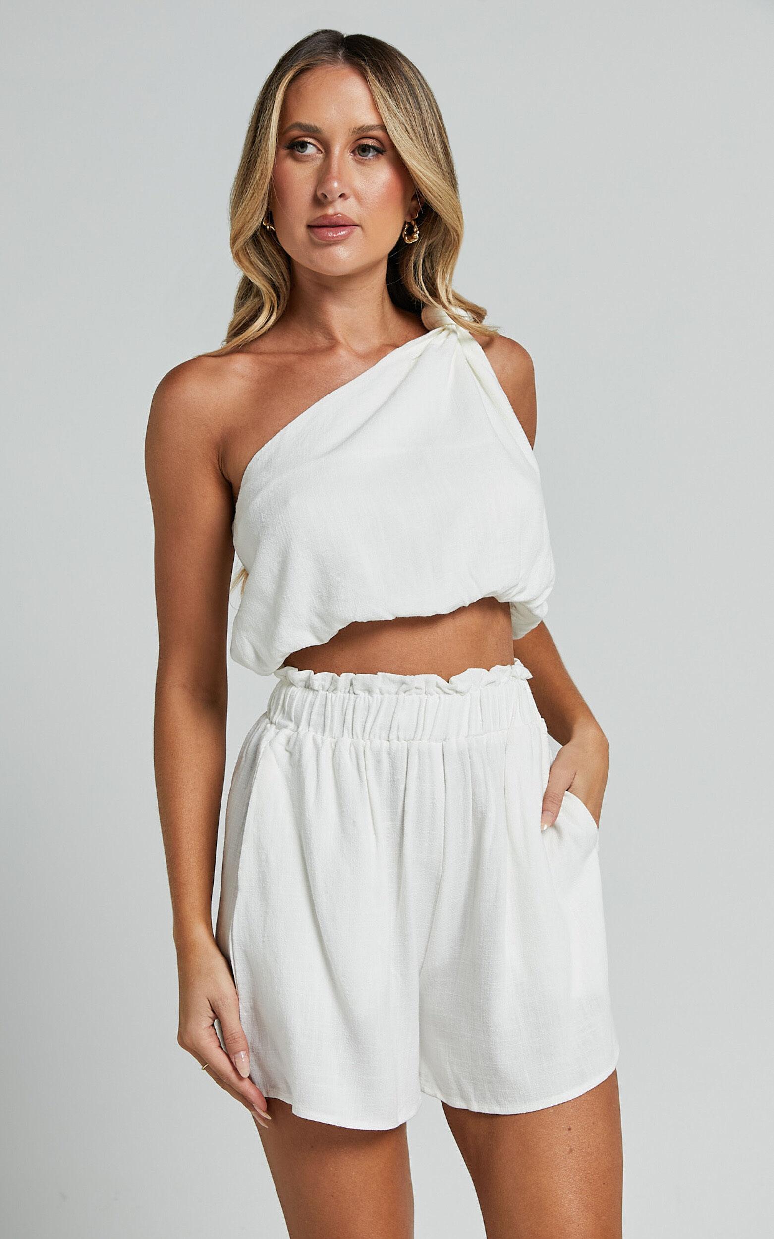 Raylene Two Piece Set - Linen Knotted One Shoulder Top and Paper Bag Waist Shorts in White Product Image