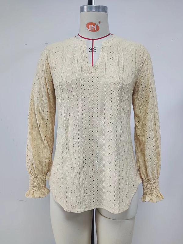 Long Sleeves Loose Elasticity Hollow Solid Color V-Neck T-Shirts Tops Product Image